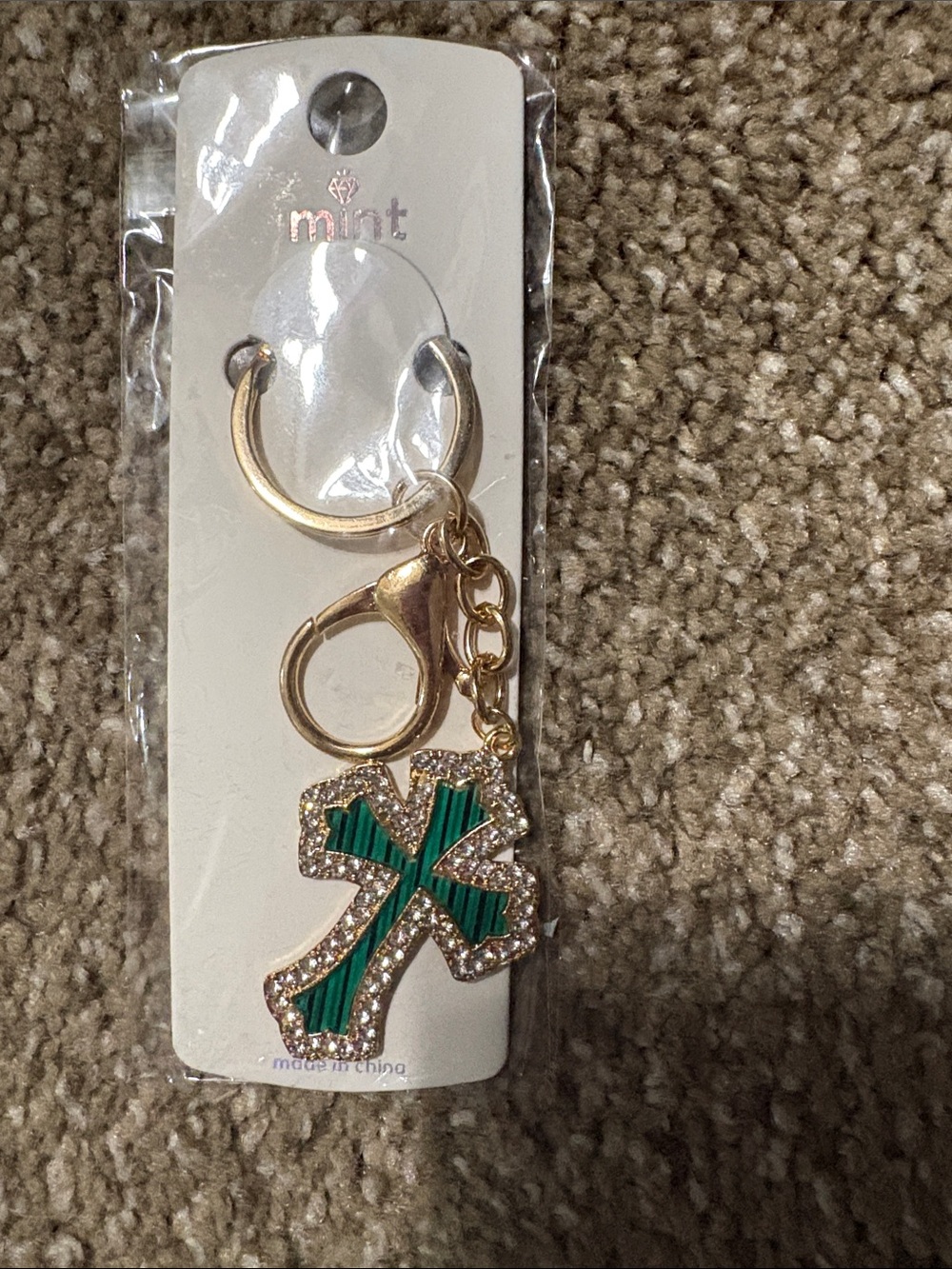 Mint Gold-Tone Keyring with Green Crystal-Edged Cross Charm